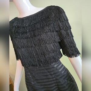 Zakura Vintage 1960s Wool Acete Flapper Fringe Striped Bodycon Midi Dress Size 8